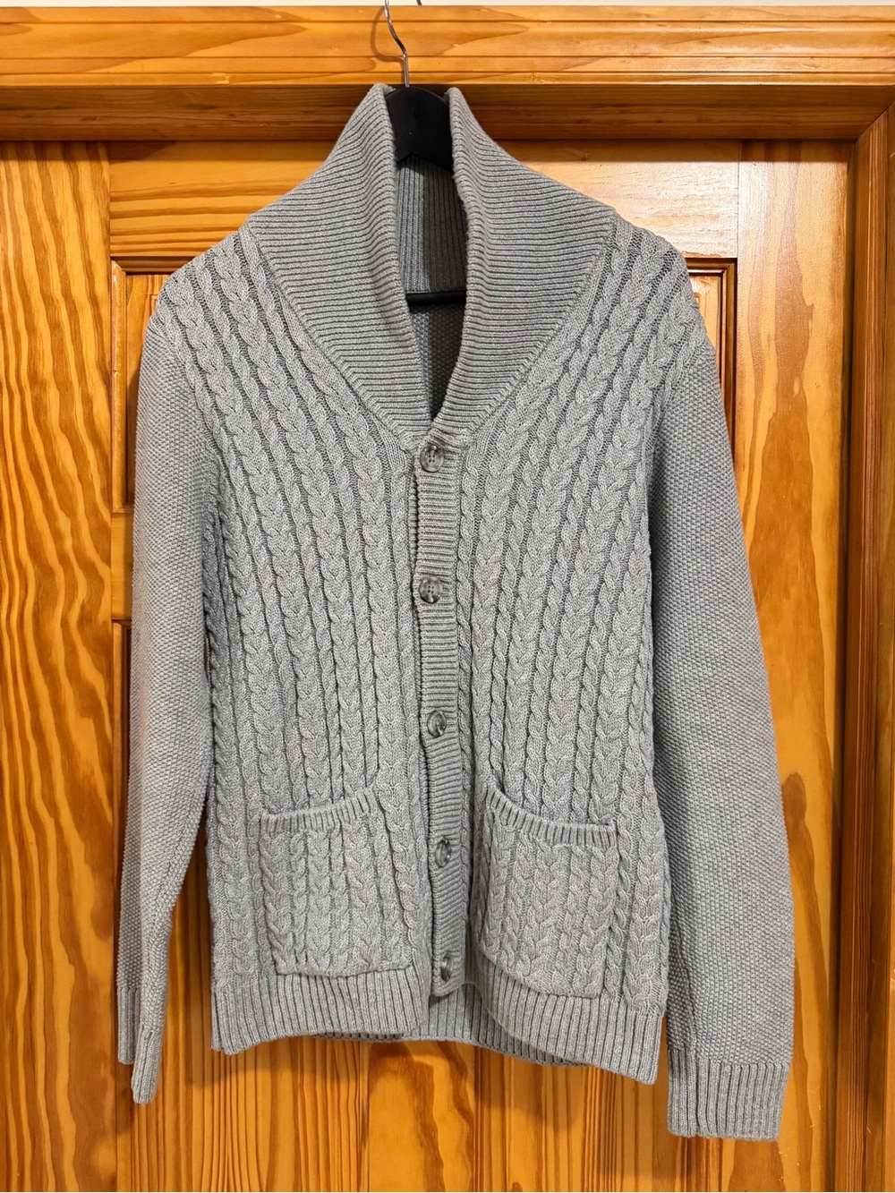 Men's Grey Cable-Knit Shawl Collar Cardigan Sweater